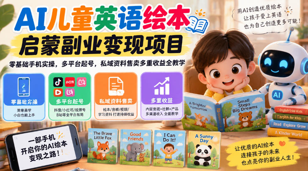 AI儿童英语绘本启蒙副业变现项目,零基础手机实操,多平台起号,私域资料售卖多重收益全教学插图 AI儿童英语绘本启蒙副业变现项目,零基础手机实操,多平台起号,私域资料售卖多重收益全教学插图