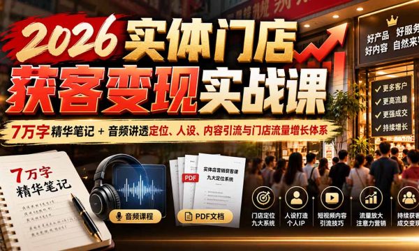 （20832期）2026实体门店获客变现实战课：7万字精华笔记+音频讲透定位、人设、内容引流与门店流量增长体系