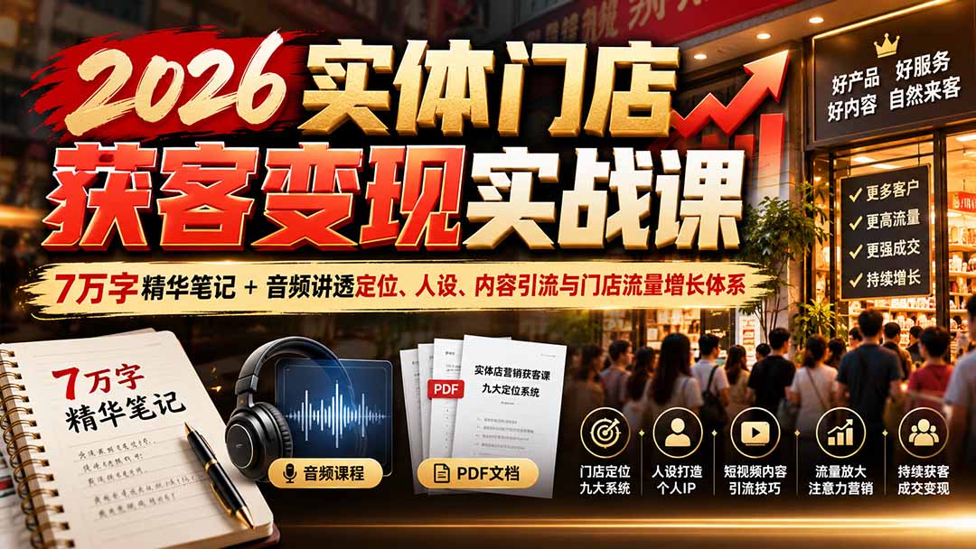 （20832期）2026实体门店获客变现实战课：7万字精华笔记+音频讲透定位、人设、内容引流与门店流量增长体系-副业部