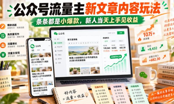 公众号流量主新文章内容玩法，条条都是小爆款，新人当天上手见收益