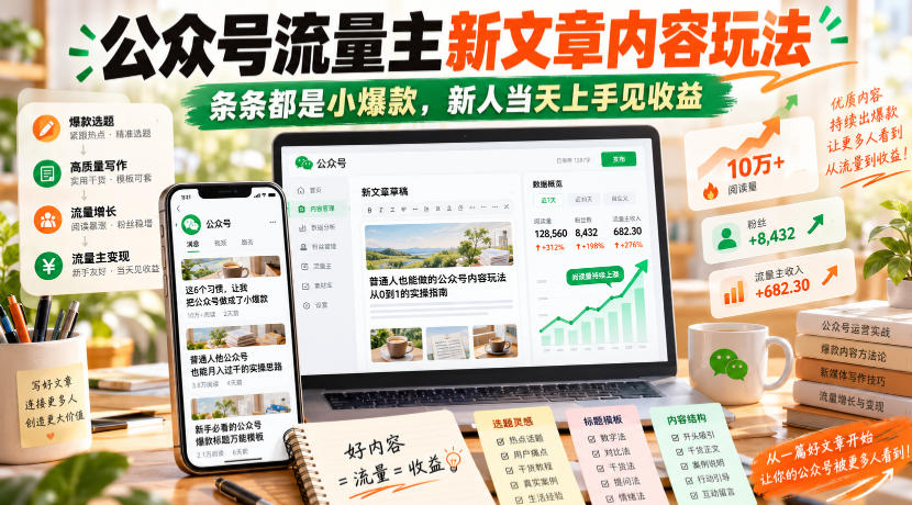 公众号流量主新文章内容玩法，条条都是小爆款，新人当天上手见收益-副业部