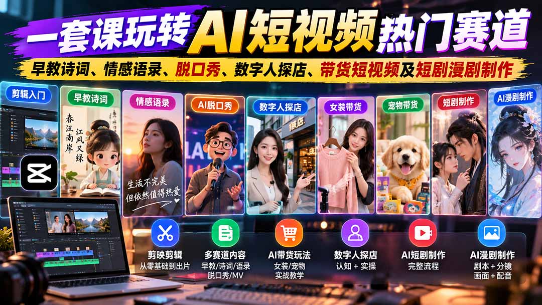 （20964期）一套课玩转AI短视频热门赛道：早教诗词、情感语录、脱口秀、数字人探店、带货短视频及短剧漫剧制作 复制标题-副业部