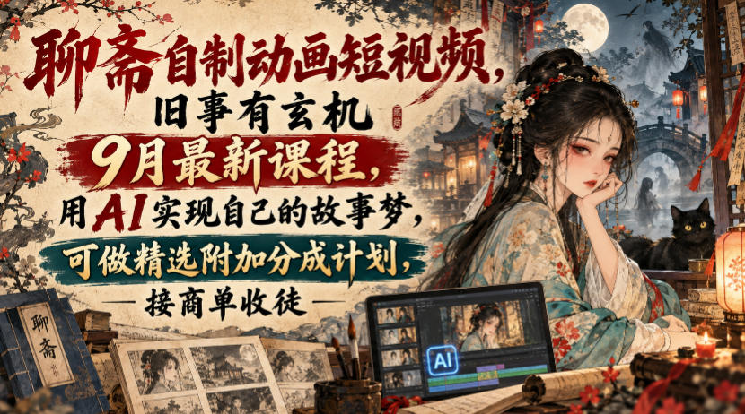 聊斋自制动画短视频，旧事有玄机9月最新课程，用AI实现自己的故事梦，可做精选附加分成计划，接商单收徒插图