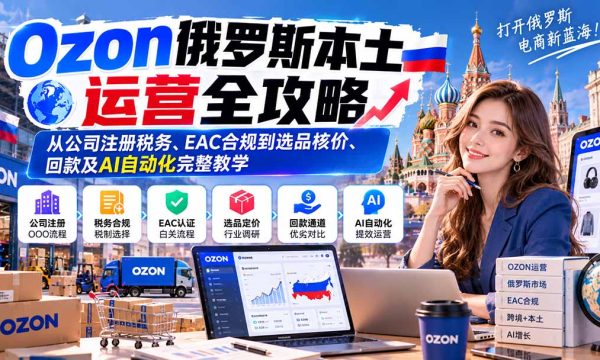 （20851期）Ozon俄罗斯本土运营全攻略：从公司注册税务、EAC合规到选品核价、回款及AI自动化完整教学