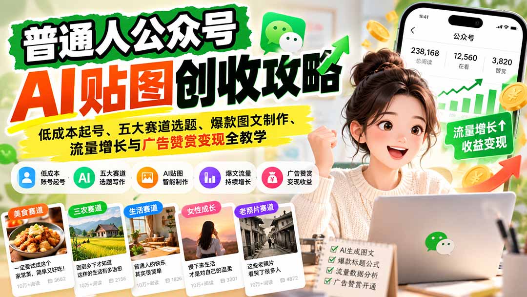 (20972期)普通人公众号AI贴图创收攻略:低成本起号、五大赛道选题、爆款图文制作、流量增长与广告赞赏变现全教学-副业部