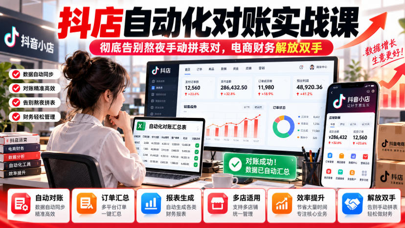抖店自动化对账实战课，彻底告别熬夜手动拼表对，账电商财务解放双手-副业部