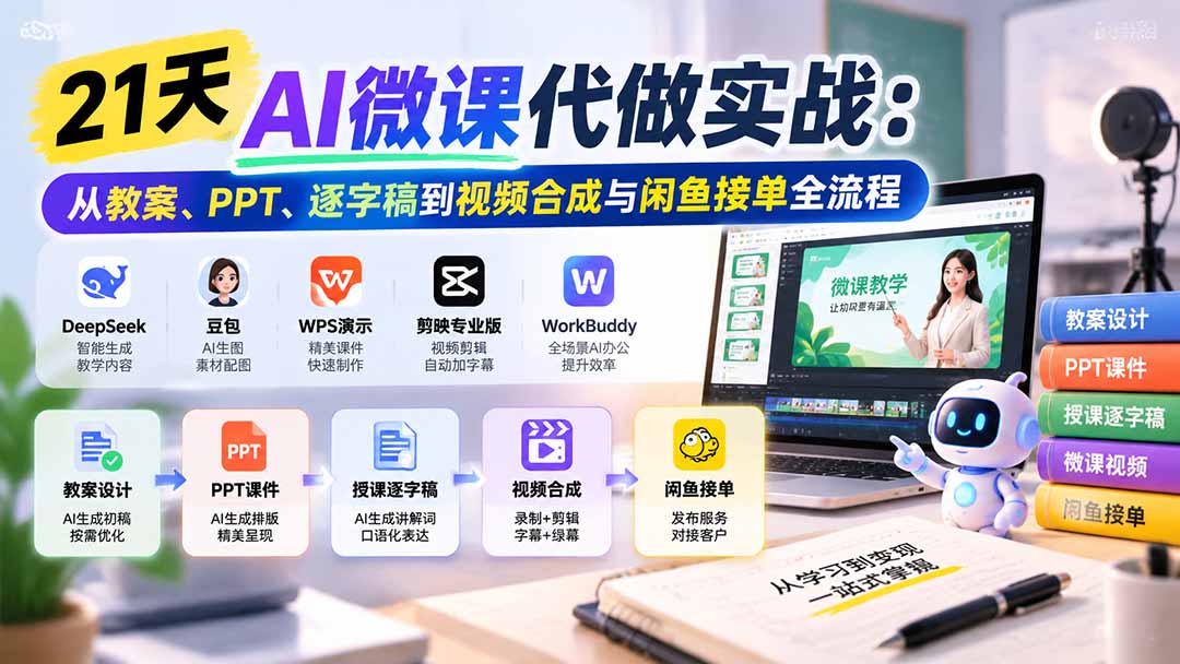 (21065期)21天AI微课代做实战:从教案、PPT、逐字稿到视频合成与闲鱼接单全流程-副业部