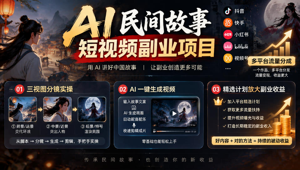 AI民间故事短视频副业项目,多平台流量分成,三视图分镜实操,精选计划放大副业收益插图 AI民间故事短视频副业项目,多平台流量分成,三视图分镜实操,精选计划放大副业收益插图