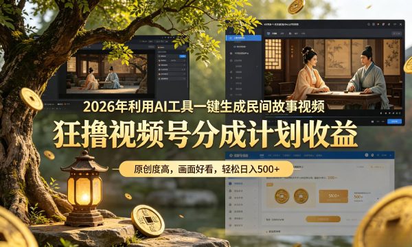 2026年利用AI工具一键生成民间故事视频，狂撸视频号分成计划收益，原创度高，画面好看，轻松日入500+