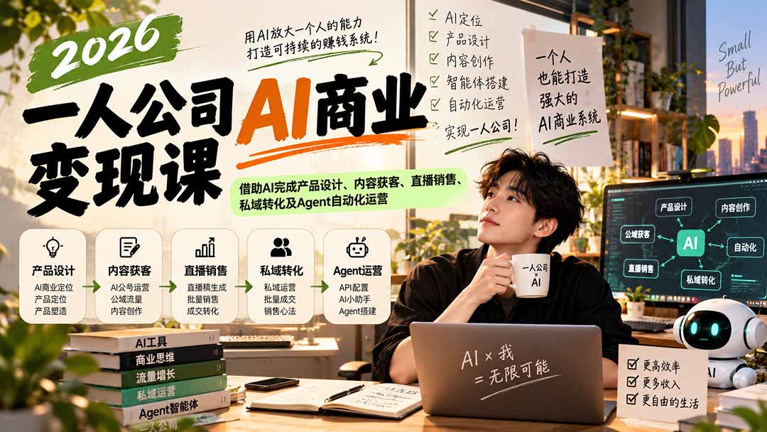 (20901期)2026一人公司AI商业变现课:借助AI完成产品设计、内容获客、直播销售、私域转化及Agent自动化运营-副业部