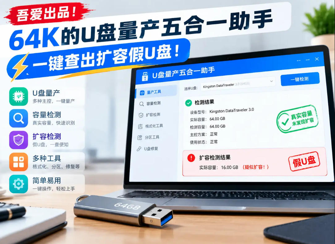 吾爱出品！64K的U盘量产五合一助手，一键查出扩容假U盘！-副业部