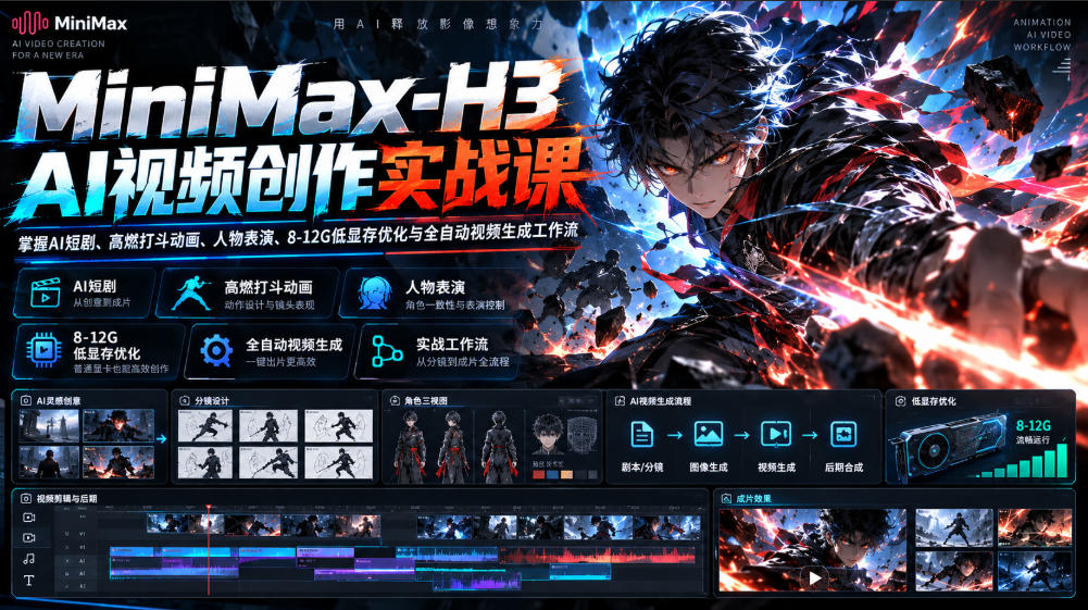 MiniMax-H3 AI视频创作实战课,掌握AI短剧、高燃打斗动画、人物表演、8-12G低显存优化与全自动视频生成工作流-副业部