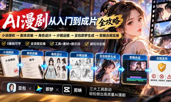 （20877期）AI漫剧从入门到成片全攻略：小说授权→剧本改编→角色设计→分镜运镜→豆包即梦生成→剪辑合规实操