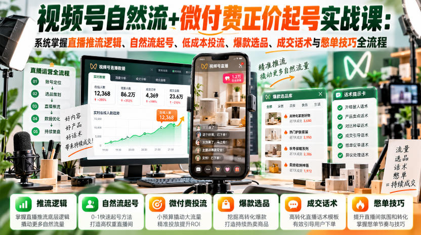 视频号自然流+微付费正价起号实战课:系统掌握直播推流逻辑、自然流起号、低成本投流、爆款选品、成交话术与憋单技巧全流程-副业部