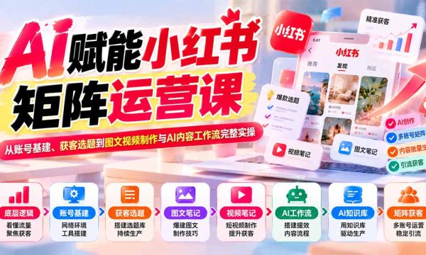 （20822期）AI赋能小红书矩阵运营课：从账号基建、获客选题到图文视频制作与AI内容工作流完整实操