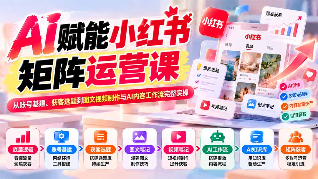 （20822期）AI赋能小红书矩阵运营课：从账号基建、获客选题到图文视频制作与AI内容工作流完整实操-副业部