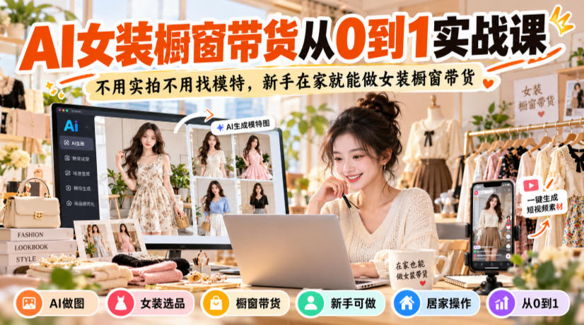 AI女装橱窗带货从0到1实战课,不用实拍不用找模特,新手在家就能做女装橱窗带货-副业部