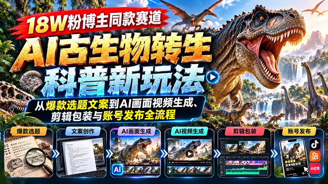 （20833期）18W粉博主同款赛道-AI古生物转生科普新玩法：从爆款选题文案到AI画面视频生成、剪辑包装与账号发布全流程-副业部