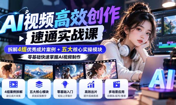 （20819期）【无水印】AI视频高效创作速通实战课：拆解4组优秀成片案例+五大核心实操模块，零基础快速掌握AI视频制作
