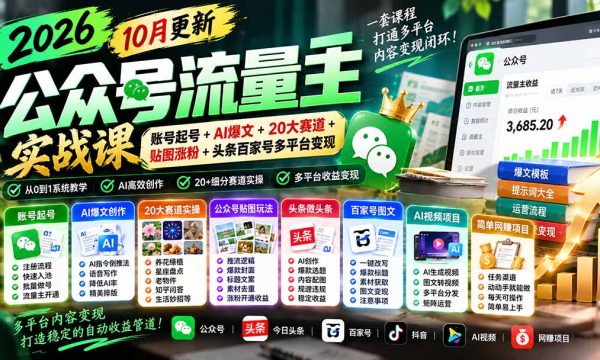 （20878期）2026公众号流量主实战课-10月更新：账号起号+AI爆文+20大赛道+贴图涨粉+头条百家号多平台变现