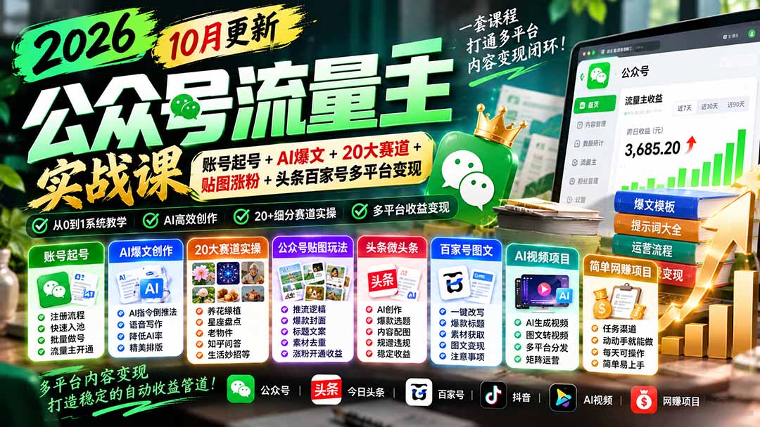 （20878期）2026公众号流量主实战课-10月更新：账号起号+AI爆文+20大赛道+贴图涨粉+头条百家号多平台变现-副业部