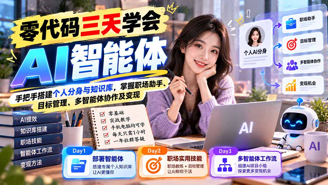 （20978期）【无水印】零代码三天学会AI智能体：手把手搭建个人分身与知识库，掌握职场助手、目标管理、多智能体协作及变现-副业部