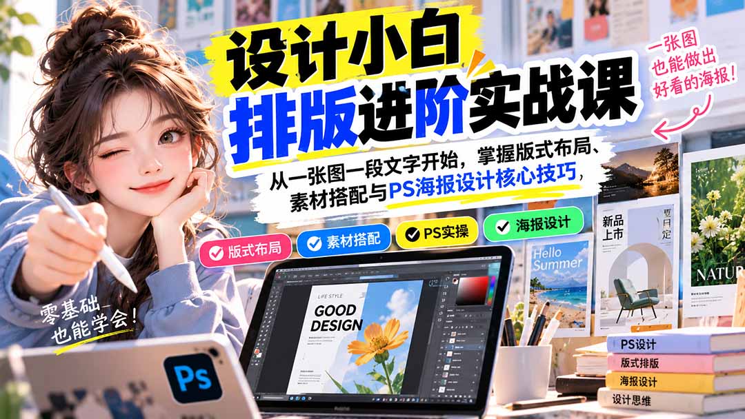 （20838期）设计小白排版进阶实战课：从一张图一段文字开始，掌握版式布局、素材搭配与PS海报设计核心技巧-副业部