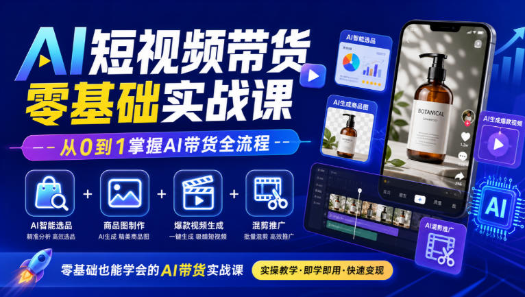 AI短视频带货零基础实战课｜AI智能选品+商品图制作+爆款视频生成+混剪推广，从0到1掌握AI带货全流程-副业部