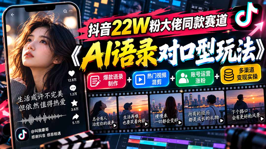 （20990期）抖音22W粉大佬同款赛道《AI语录对口型玩法》：爆款语录制作+热门视频混剪+账号运营涨粉+多渠道变现实操-副业部
