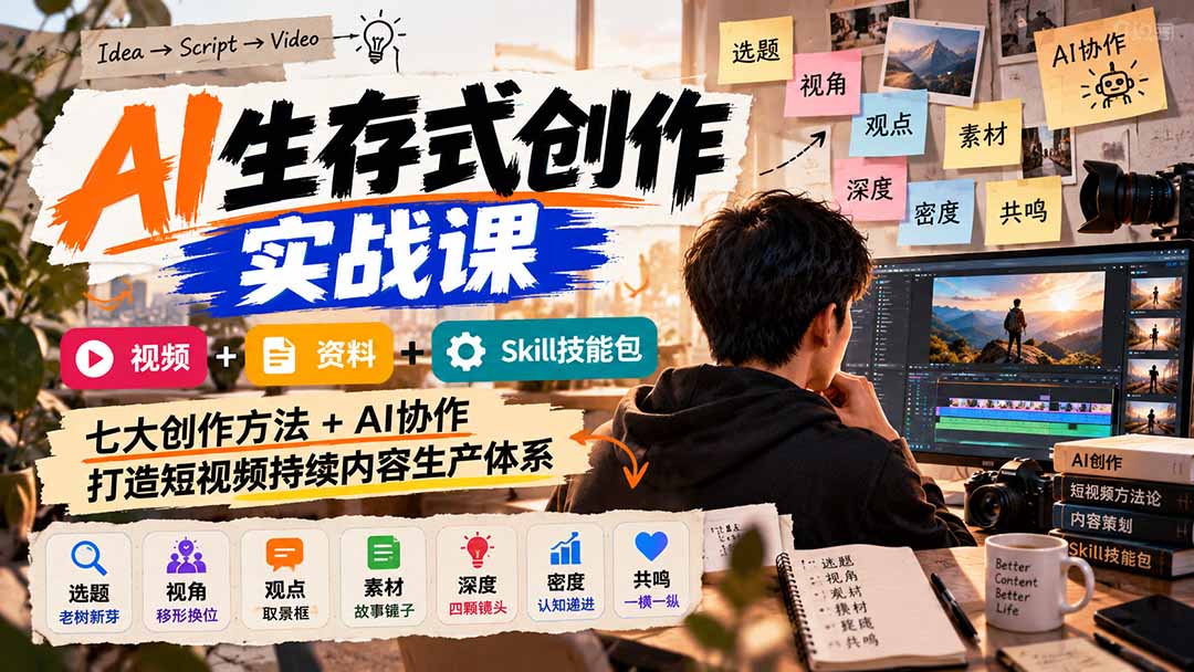 (21081期)AI生存式创作实战课:视频+资料+Skill技能包,七大创作方法+AI协作,打造短视频持续内容生产体系-副业部