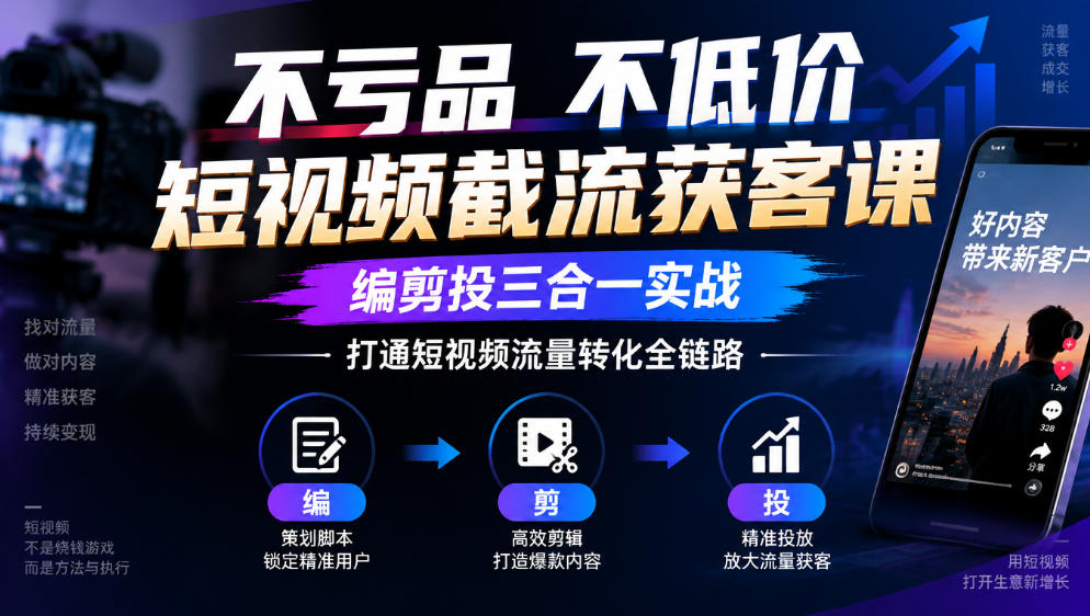 不亏品不低价短视频截流获客课，编剪投三合一实战，打通短视频流量转化全链路-副业部