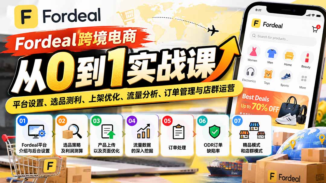 (20914期)Fordeal跨境电商从0到1实战课:平台设置、选品测利、上架优化、流量分析、订单管理与店群运营-副业部