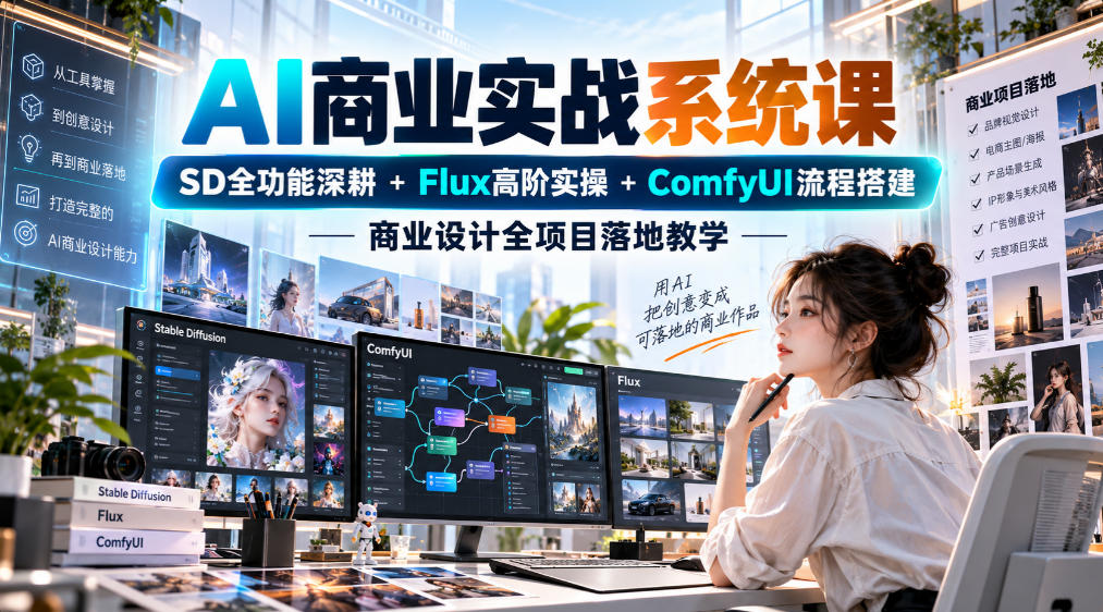 AI商业实战系统课｜SD全功能深耕+Flux高阶实操+Comfyui流程搭建，商业设计全项目落地教学-副业部