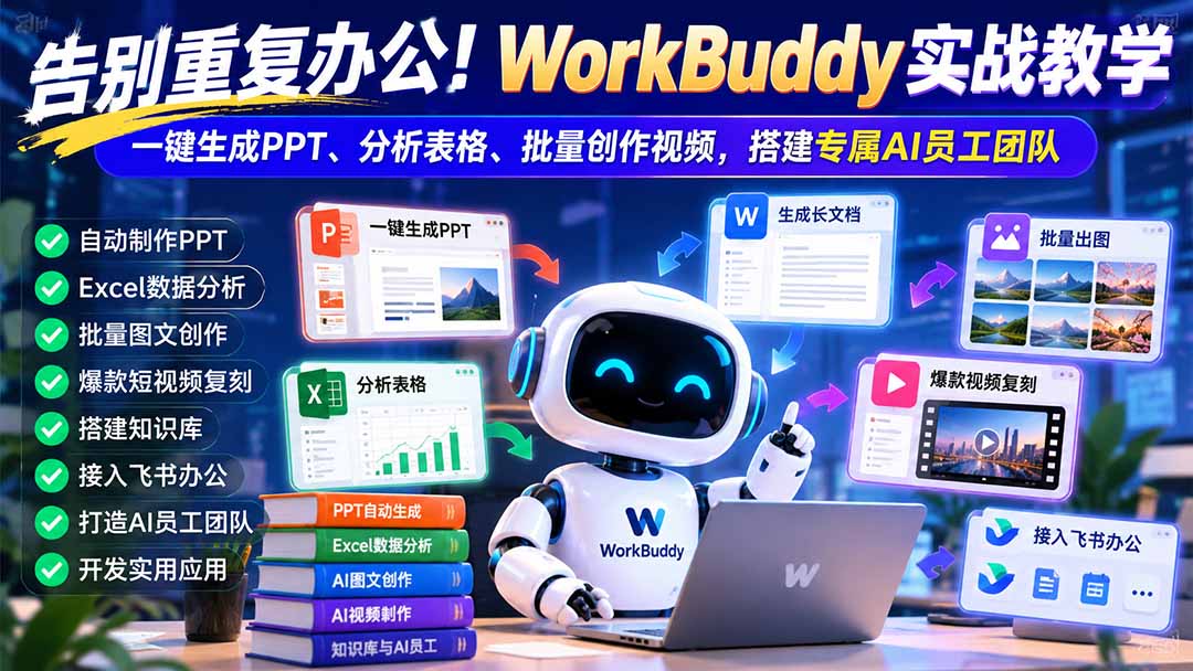 (21152期)告别重复办公!WorkBuddy实战教学:一键生成PPT、分析表格、批量创作视频,搭建专属AI员工团队-副业部