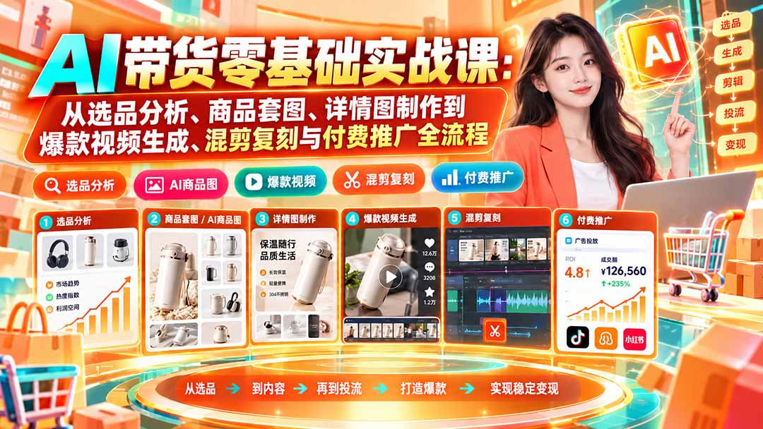 （20856期）AI带货零基础实战课：从选品分析、商品套图、详情图制作到爆款视频生成、混剪复刻与付费推广全流程插图1