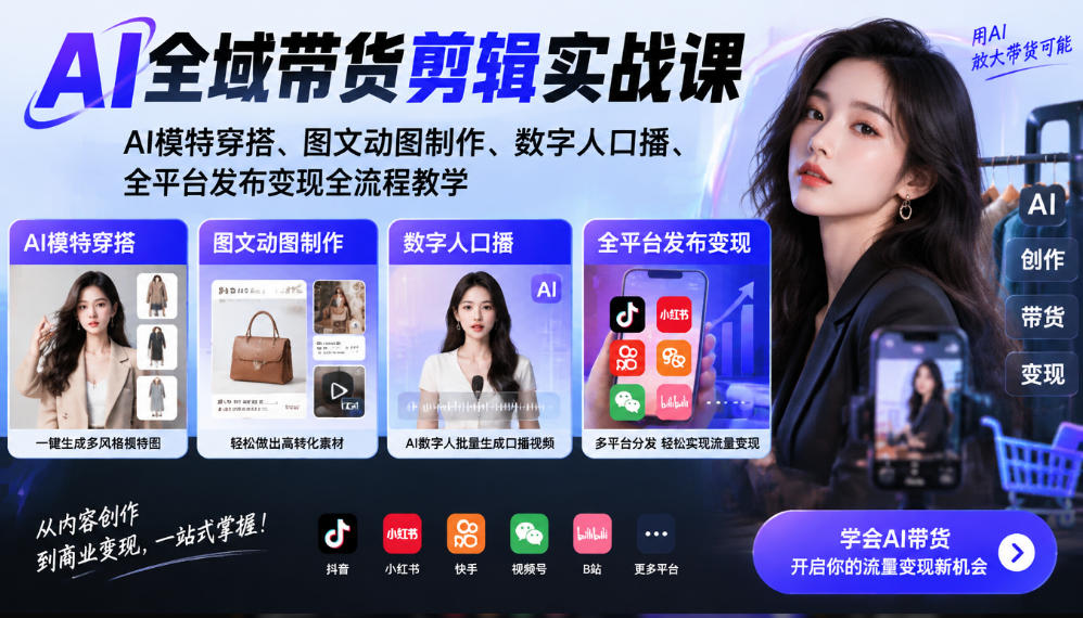 AI全域带货剪辑实战课｜AI模特穿搭、图文动图制作、数字人口播、全平台发布变现全流程教学-副业部