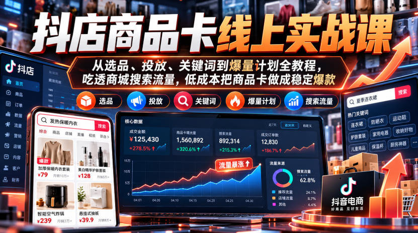 抖店商品卡线上实战课｜从选品、投放、关键词到爆量计划全教程，吃透商城搜索流量，低成本把商品卡做成稳定爆款-副业部