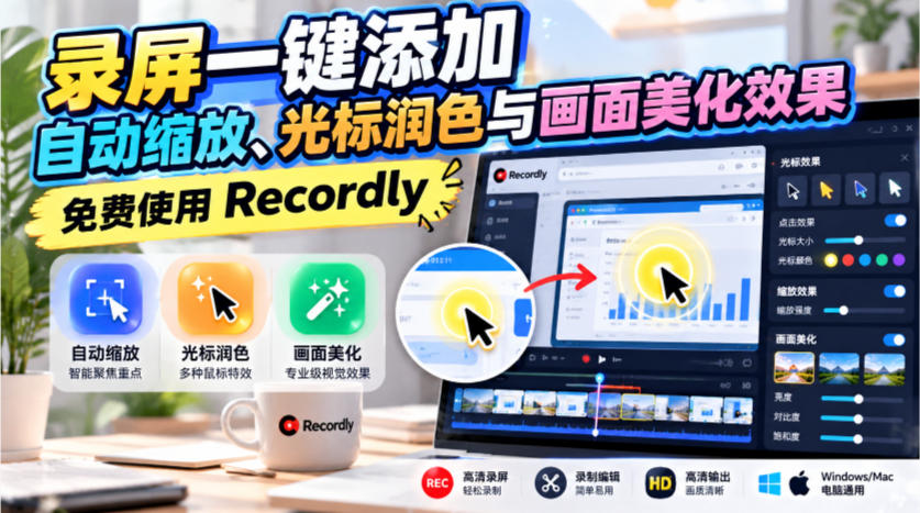 录屏一键添加自动缩放、光标润色与画面美化效果，免费使用Recordly-副业部
