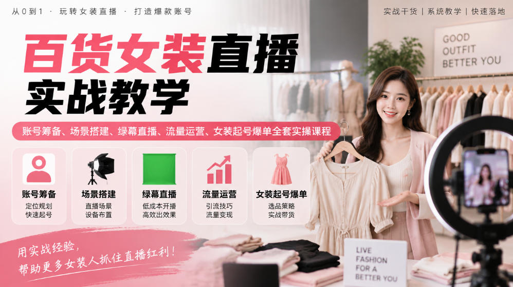 百货女装直播实战教学|账号筹备、场景搭建、绿幕直播、流量运营、女装起号爆单全套实操课程-副业部
