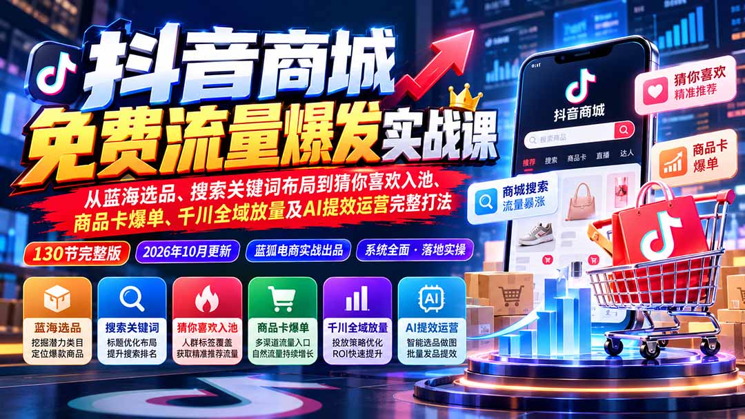 （20959期）抖音商城免费流量爆发实战：从蓝海选品、搜索关键词布局到猜你喜欢入池、商品卡爆单、千川全域放量及AI提效完整打法-副业部