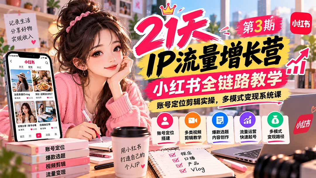 （20992期）【无水印】21天IP流量增长营-第3期，小红书全链路教学，账号定位剪辑实操，多模式变现系统课-副业部