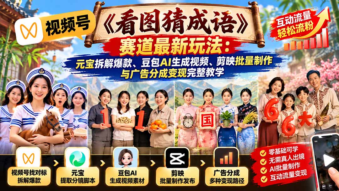 (21060期)视频号《看图猜成语》赛道最新玩法:元宝拆解爆款、豆包AI生成视频、剪映批量制作与广告分成变现完整教学-副业部