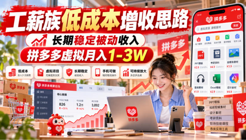 工薪族低成本增收思路，长期稳定被动收入，拼多多虚拟月入1-3W-副业部