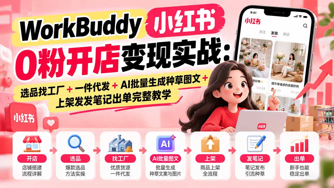 (20801期)WorkBuddy小红书0粉开店变现实战:选品找工厂+一件代发+AI批量生成种草图文+上架发发笔记出单完整教学插图 (20801期)WorkBuddy小红书0粉开店变现实战:选品找工厂+一件代发+AI批量生成种草图文+上架发发笔记出单完整教学插图
