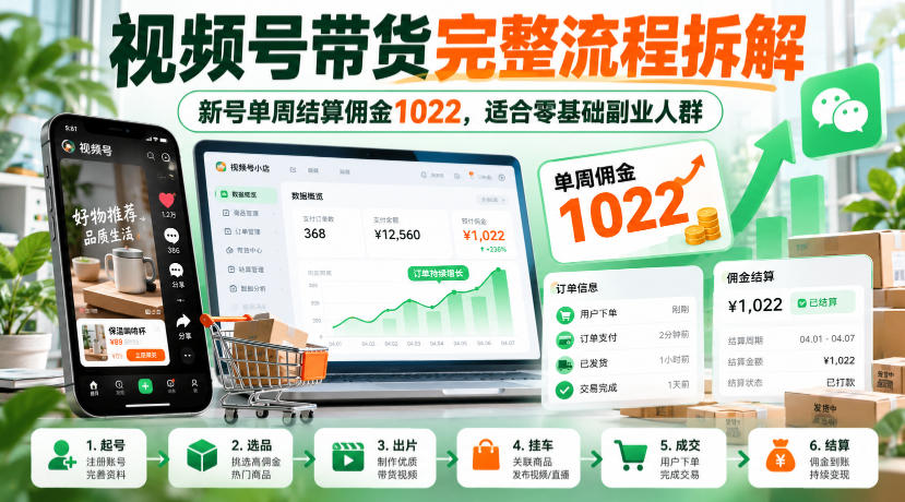 视频号带货完整流程拆解，新号单周结算佣金1022，适合零基础副业人群-副业部