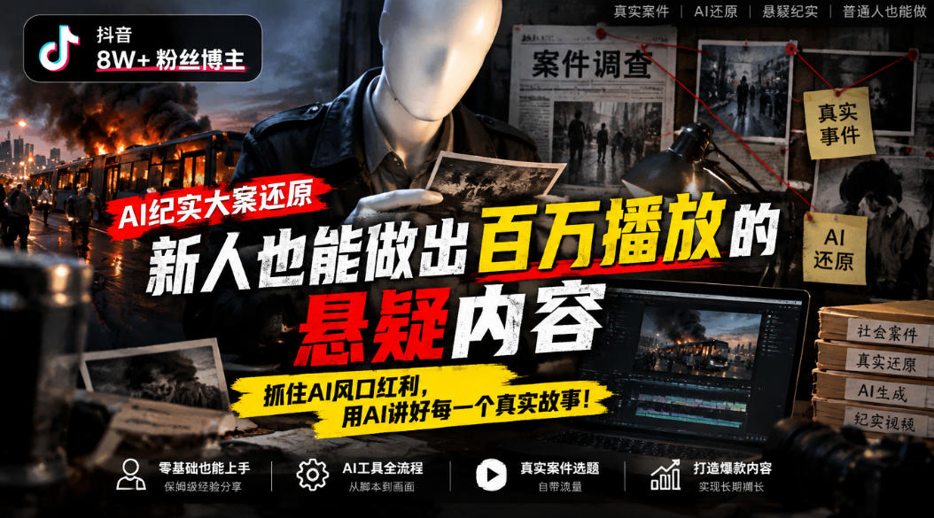 抖音8W粉丝博主的AI纪实大案还原教学，新人也能做出百W播放的悬疑内容，抓住AI风口红利，用AI讲好每一个真实故事-副业部
