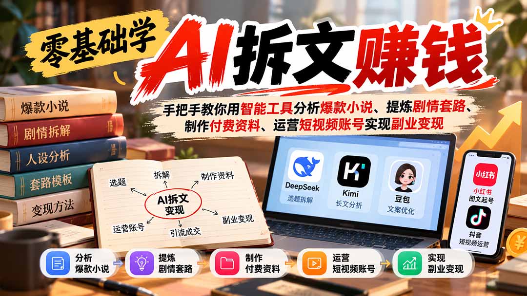 （21030期）零基础学AI拆文赚钱：手把手教你用智能工具分析爆款小说、提炼剧情套路、制作付费资料、运营短视频账号实现副业变现-副业部