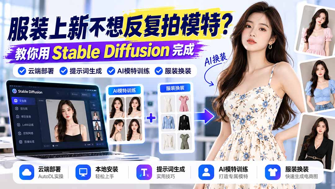 （21099期）服装上新不想反复拍模特？教你用Stable Diffusion完成云端部署、提示词生成、AI模特训练与换装-副业部