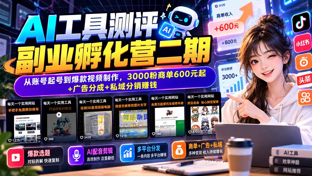 (20799期)AI工具测评副业孵化营二期:从账号起号到爆款视频制作,3000粉商单600元起+广告分成+私域分销赚钱插图 (20799期)AI工具测评副业孵化营二期:从账号起号到爆款视频制作,3000粉商单600元起+广告分成+私域分销赚钱插图