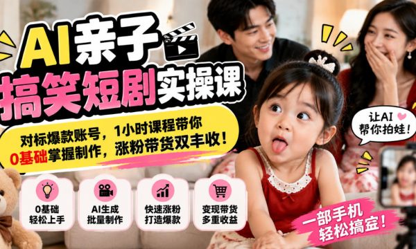 AI亲子搞笑短剧实操课，对标爆款账号，1小时课程带你0基础掌握制作，涨粉带货双丰收